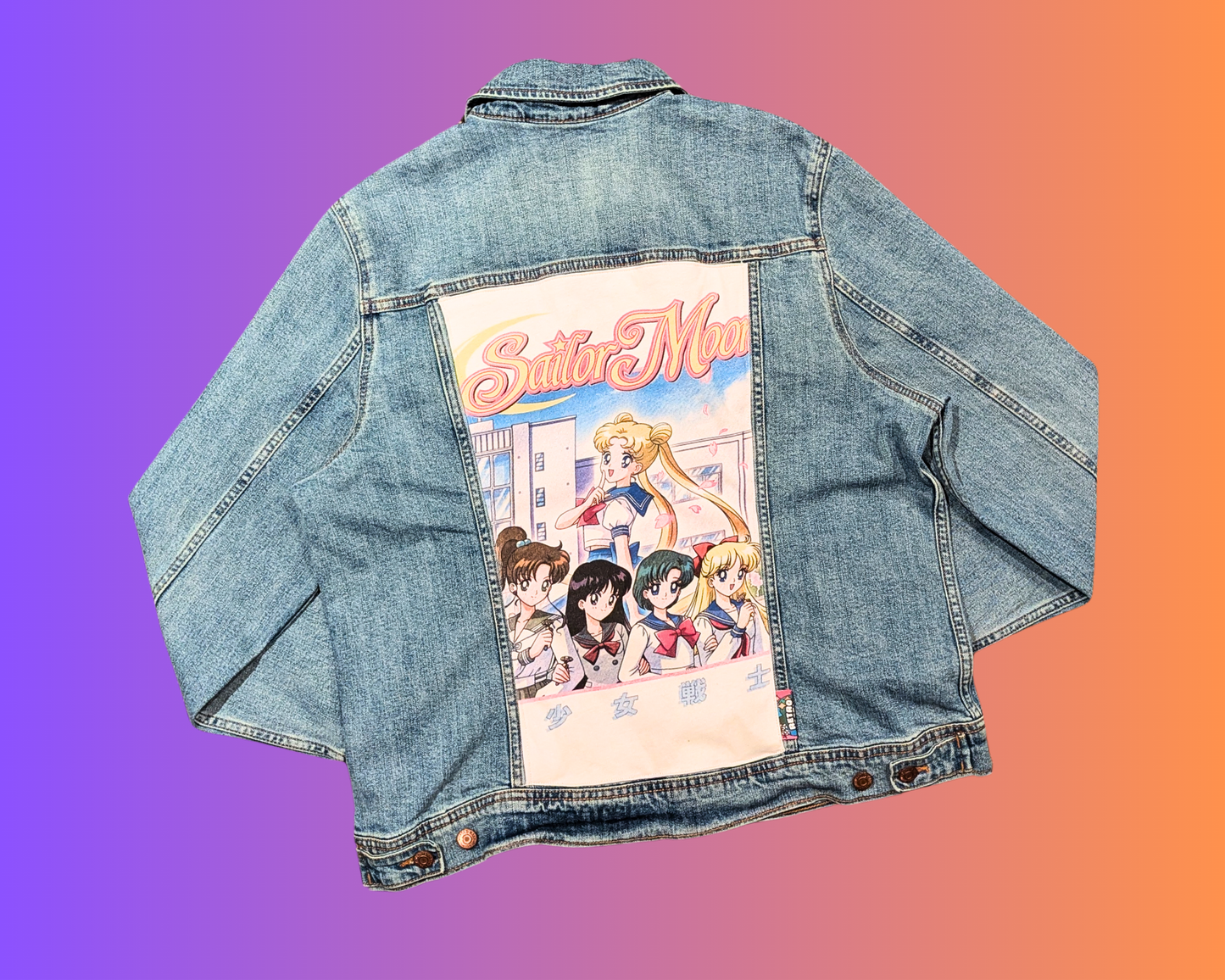 Handmade, Upcycled Sailor Moon Denim Jacket Size XL