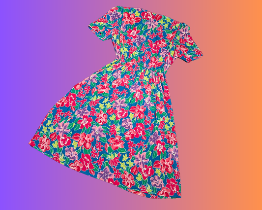 Robe vintage des années 1980, douce et soyeuse, colorée, à imprimé floral, taille M