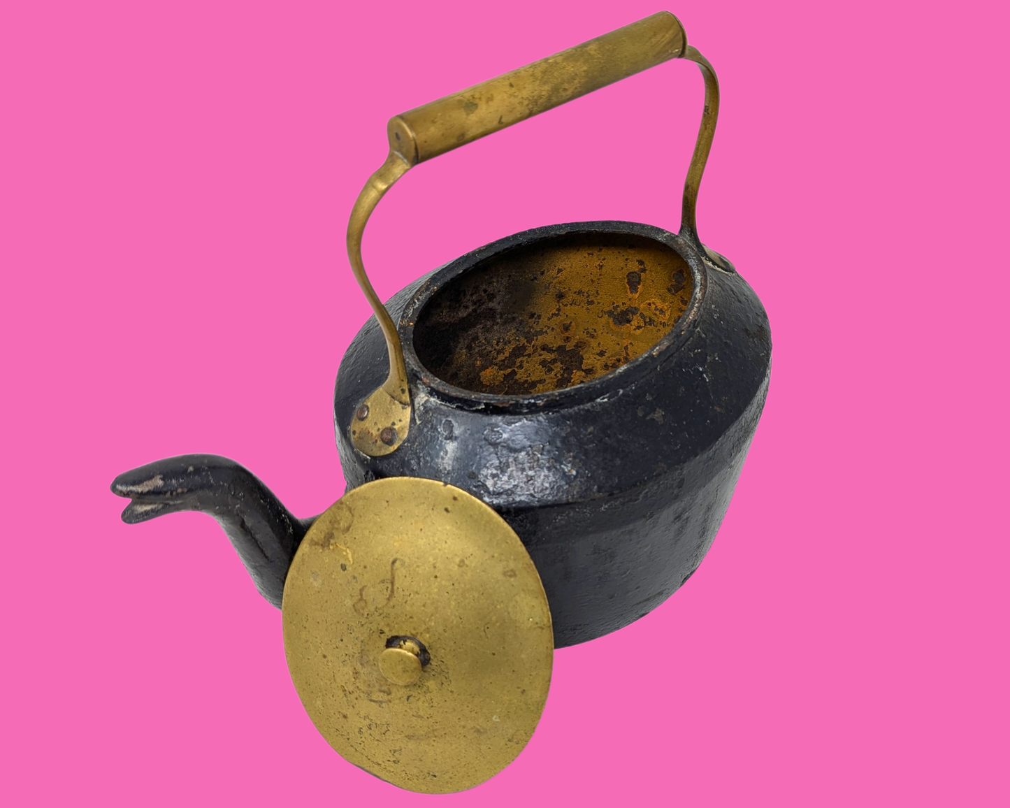 Grande bouilloire anglaise antique en fonte et laiton du XIXe siècle