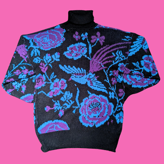 Blue Floral Design Knit Sweater Size S