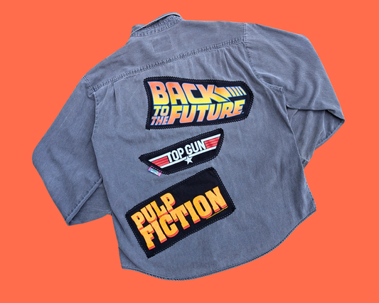 Chemise/veste en jean Levi's gris foncé, fabriquée à la main et recyclée, inspirée des films classiques Retour vers le futur, Top Gun et Pulp Fiction, taille XL