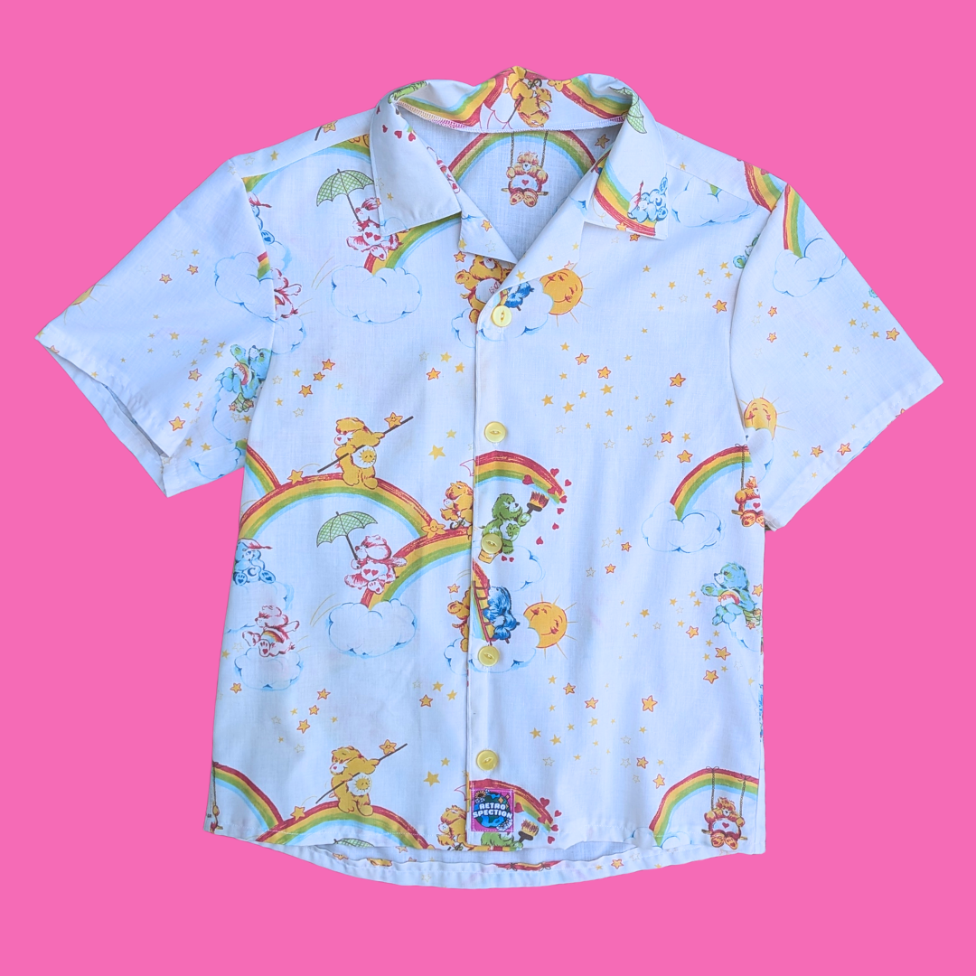 Handmade, Upcycled Carebears Bedsheet Button Down Shirt Size S