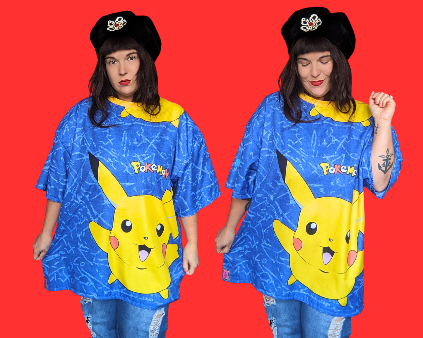 Handmade, Upcycled Blue Pokemon, Pikachu Bedsheet T-Shirt Oversized XL