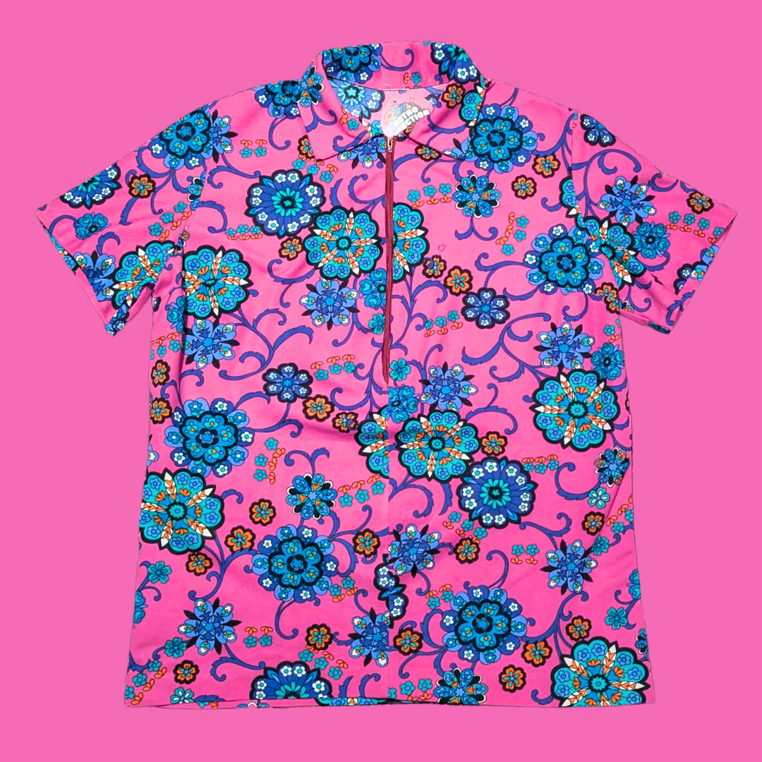 Vintage 1960's Groovy, Pink Polyester Top Size L