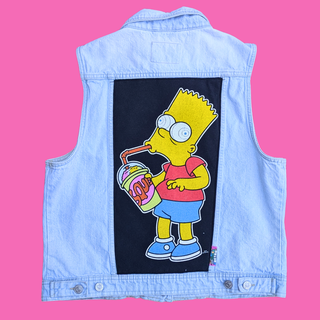 Bart Simpson Upcycled T-Shirt Denim Sleeveless Jacket Size XL (Fits Smaller)
