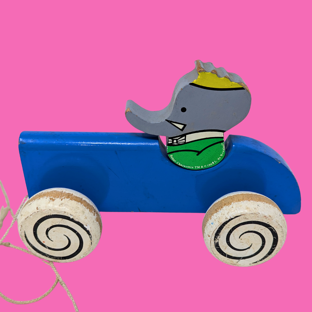 Jouet Babar à roulettes en bois vintage des années 1990, fabriqué en France