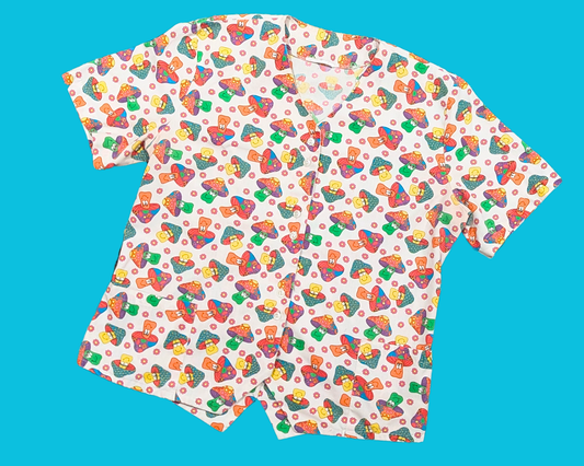 Chemisier à manches courtes à motifs champignons arc-en-ciel Y2K Groovy, taille M
