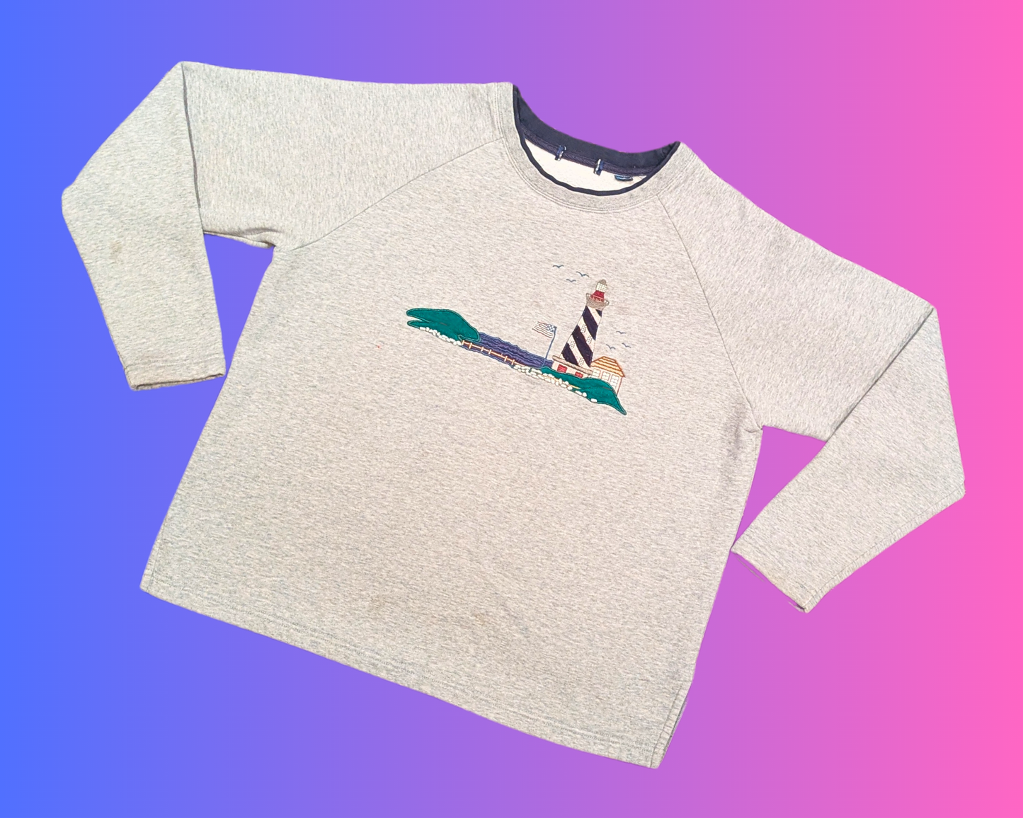 Vintage 1990's Grey, Beach and Lighthouse Embroidery Crewneck Size M for Women