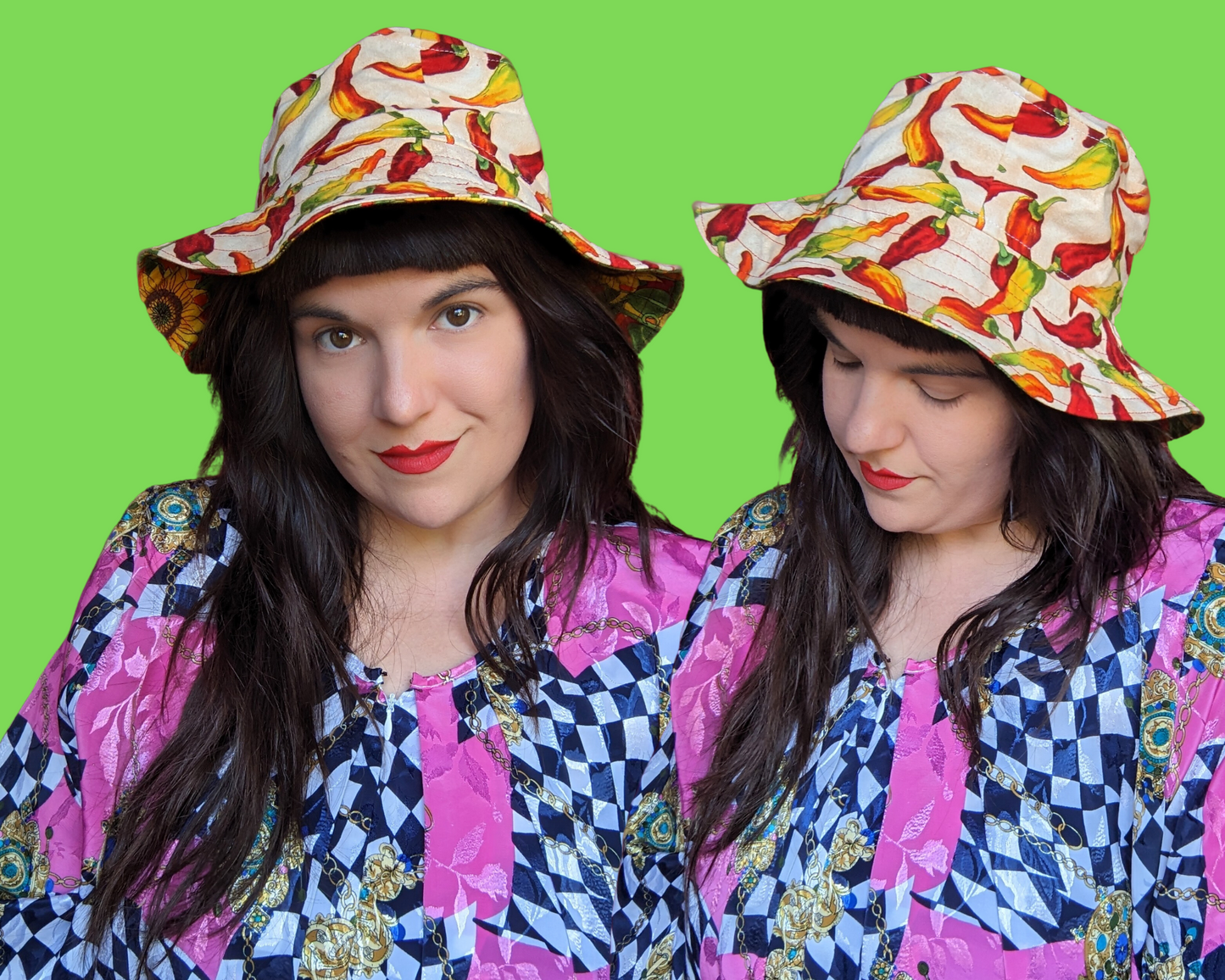 Chilli Peppers and Sunflowers Reversible Bucket Hats For Adults Made from Vintage, Upcycled Chilli Peppers and Sunflowers Placemat