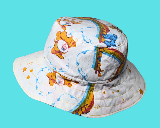 Handmade and Upcycled Vintage 1980's Carebears Bedsheet Reversible Bucket Hat