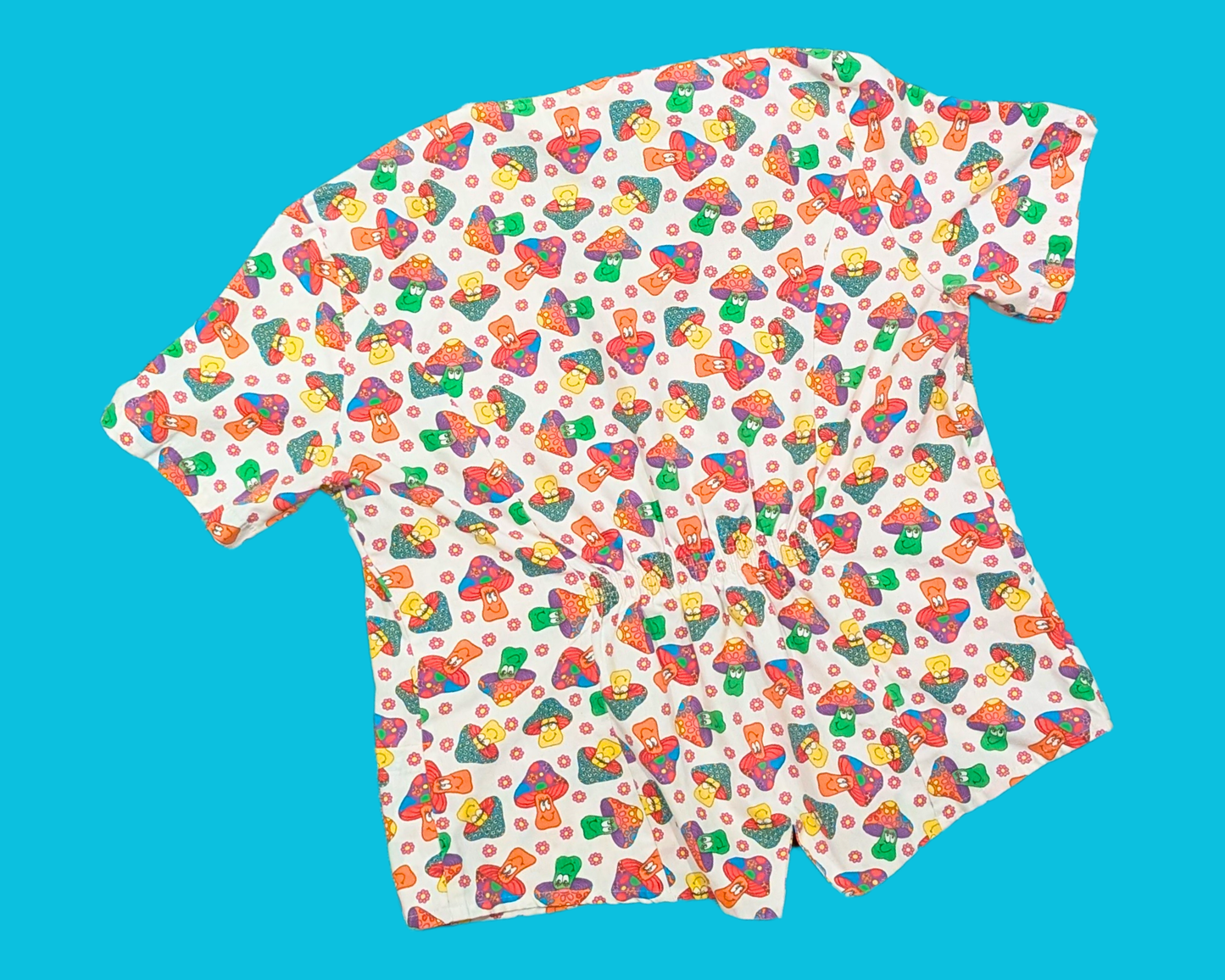 Y2K Groovy, Rainbow Mushrooms Patterned Short Sleeves Blouse Size M