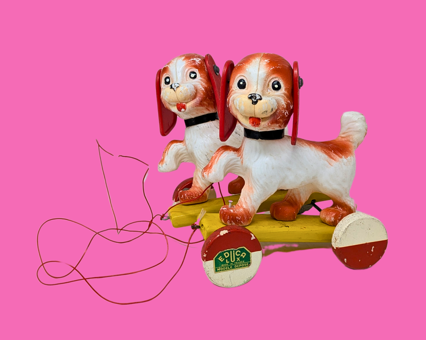 Vintage 1970's Two Dogs on a String Leash Pull Toy by Educalux Made in France