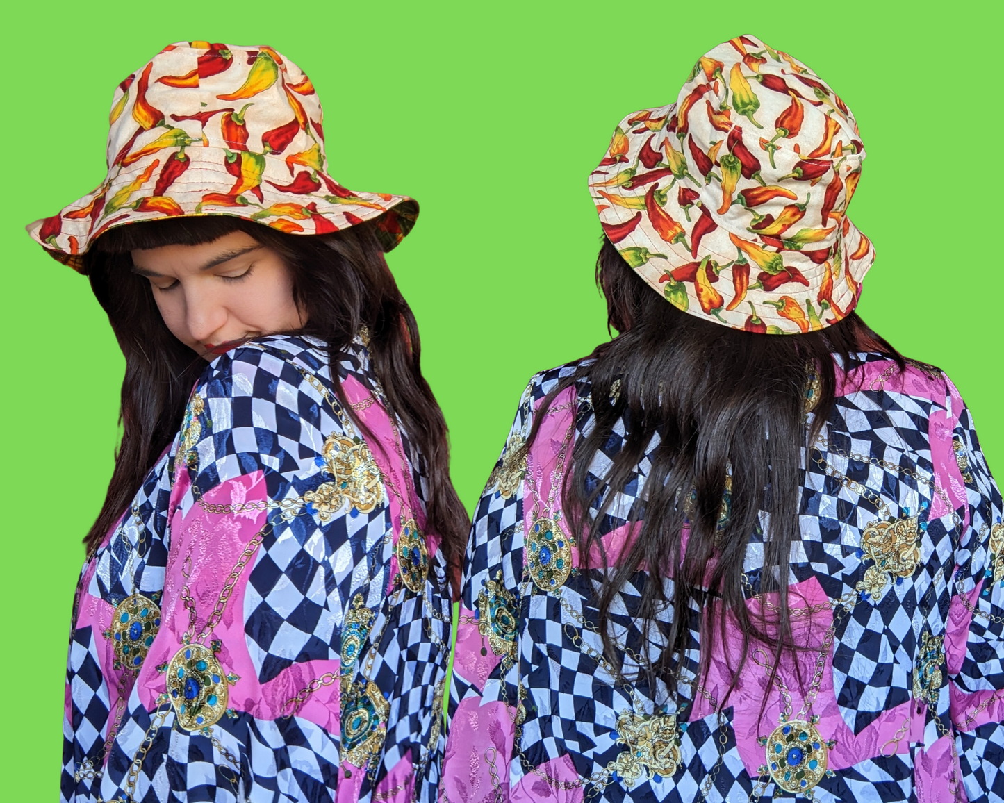 Chilli Peppers and Sunflowers Reversible Bucket Hats For Adults Made from Vintage, Upcycled Chilli Peppers and Sunflowers Placemat