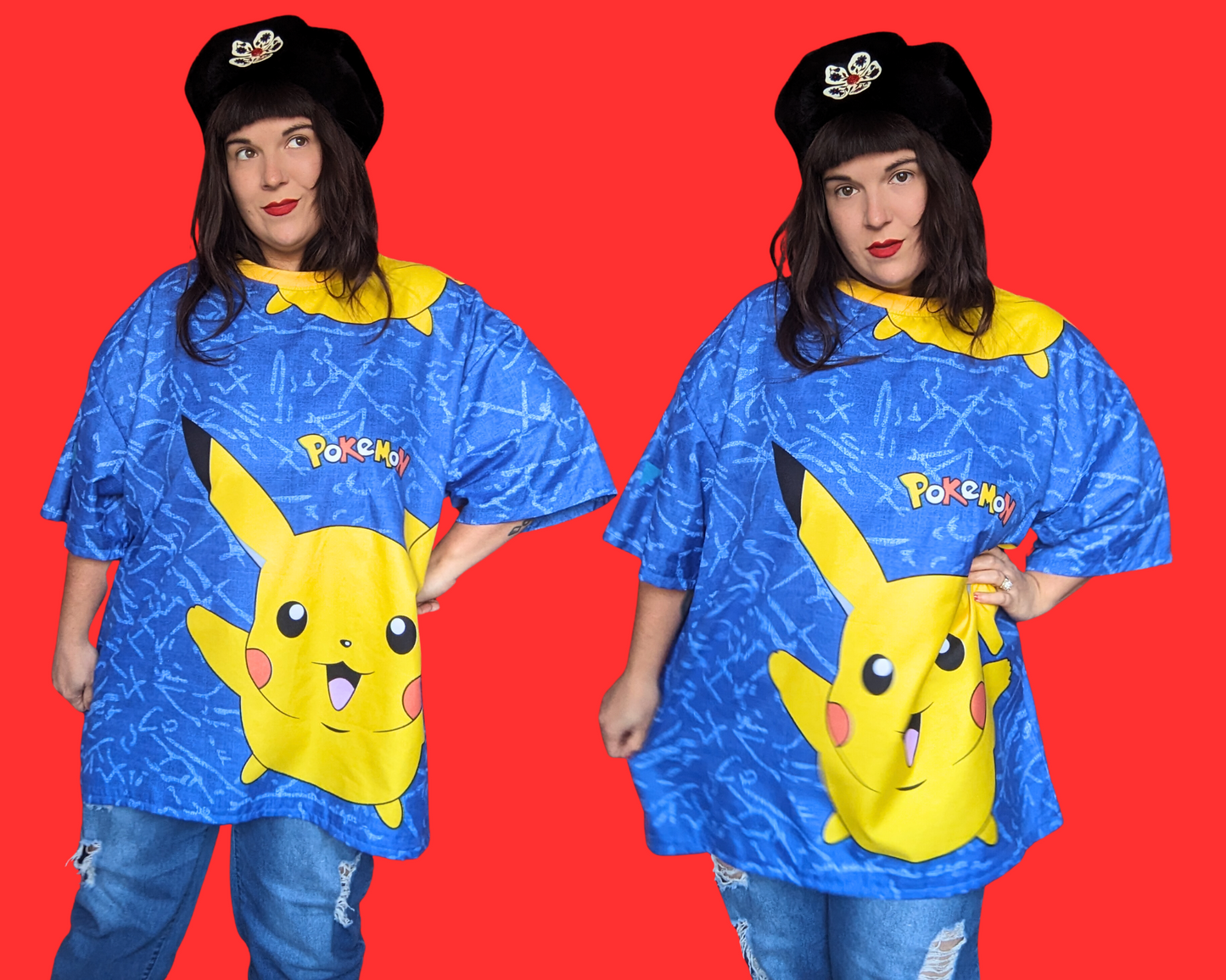 Handmade, Upcycled Blue Pokemon, Pikachu Bedsheet T-Shirt Oversized XL