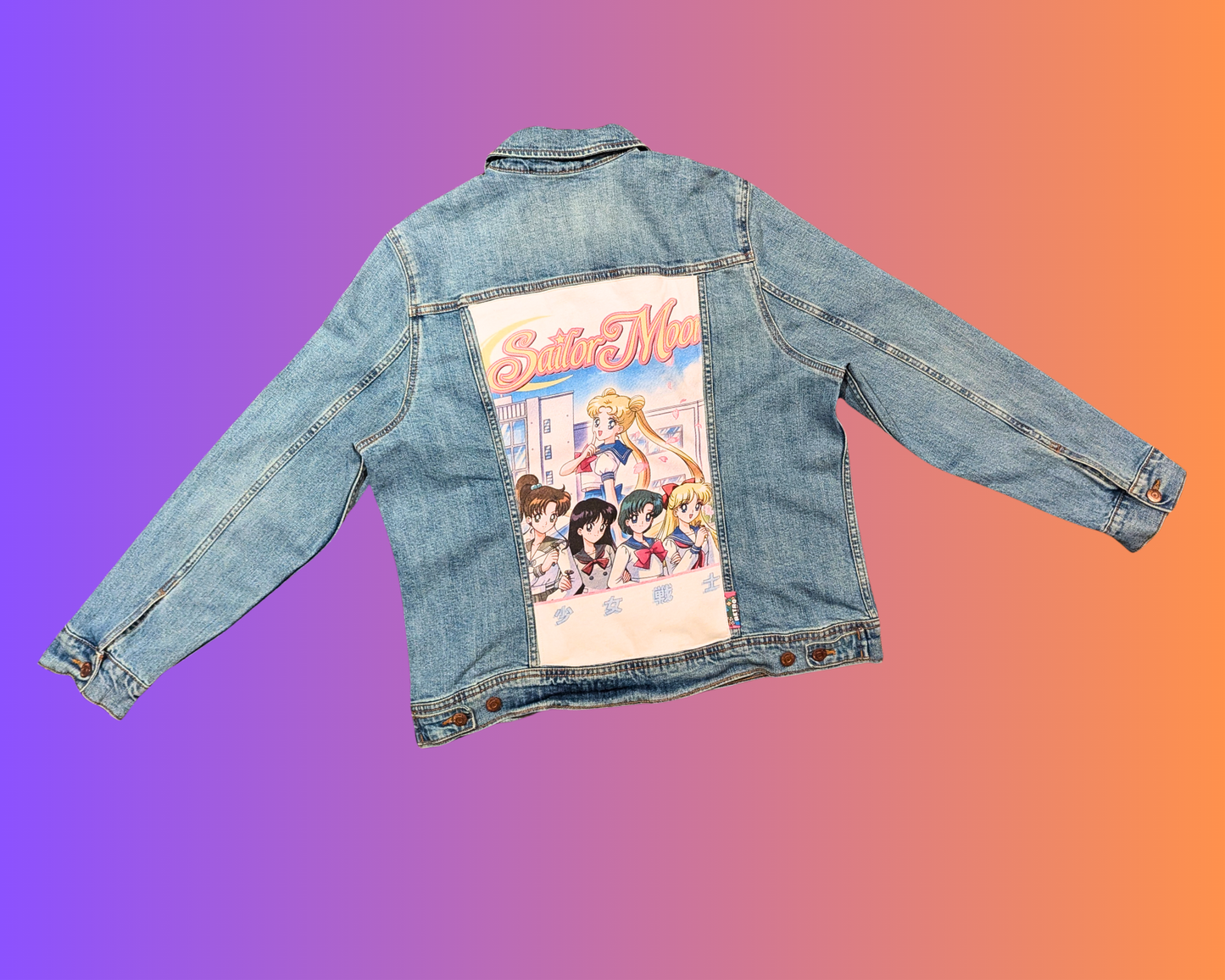 Handmade, Upcycled Sailor Moon Denim Jacket Size XL