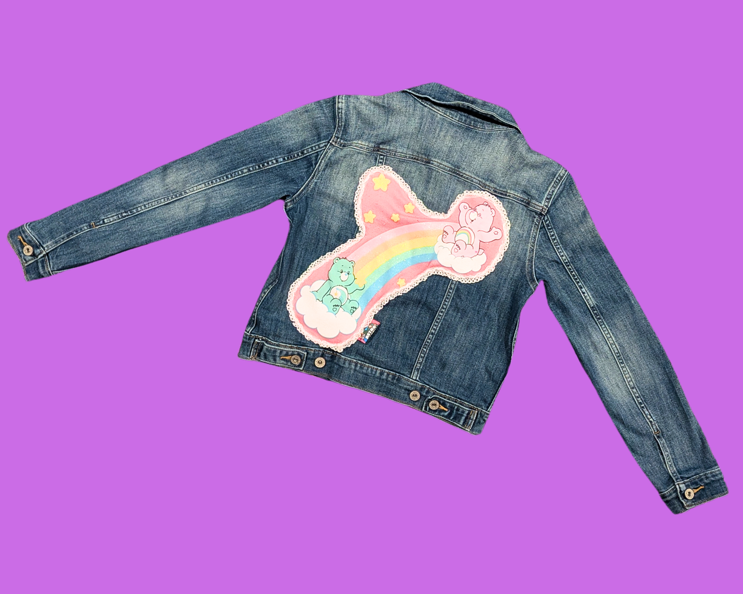 Handmade, Upcycled Denim Jacket with a Care Bear Pink Sweater Size S for Women