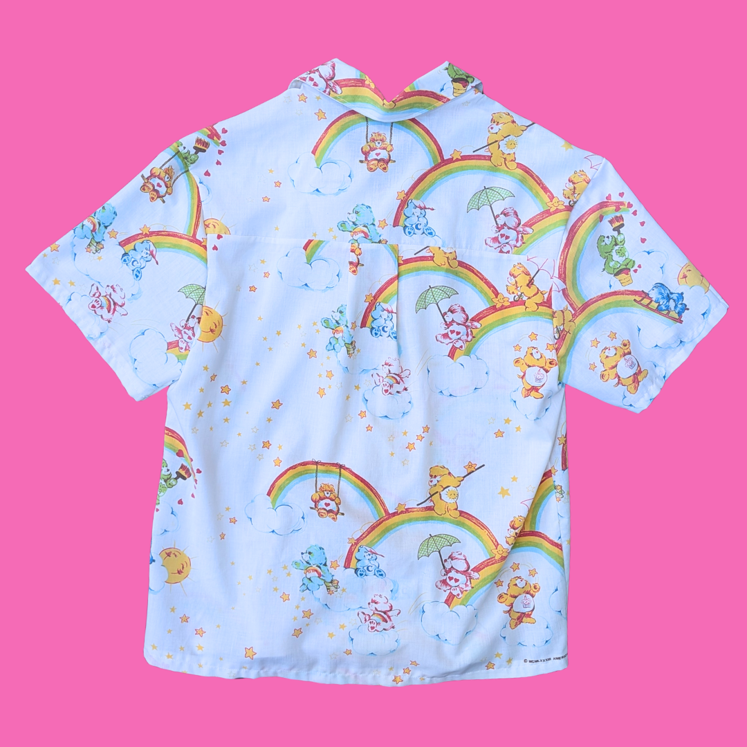 Handmade, Upcycled Carebears Bedsheet Button Down Shirt Size S