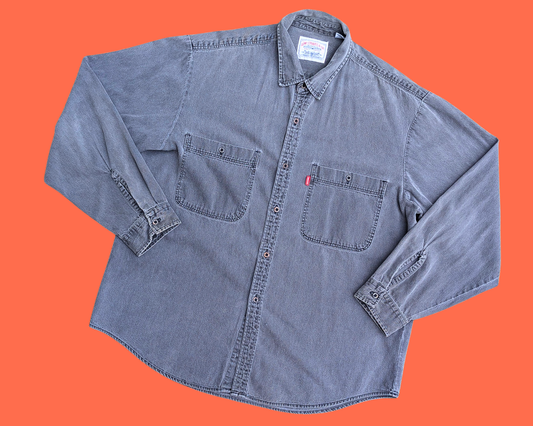 Chemise/veste en jean Levi's gris foncé, fabriquée à la main et recyclée, inspirée des films classiques Retour vers le futur, Top Gun et Pulp Fiction, taille XL