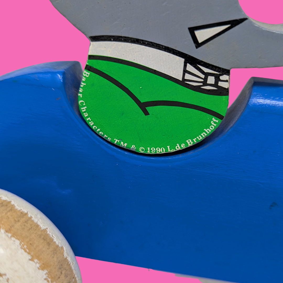 Jouet Babar à roulettes en bois vintage des années 1990, fabriqué en France