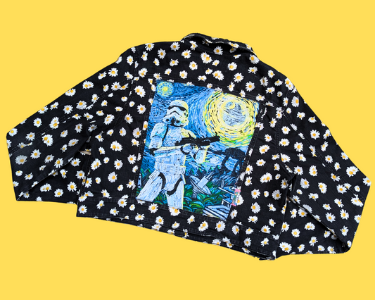 Handmade, Upcycled Star Wars Storm Trooper Meets Van Gogh Black Denim with Daisies Jacket Size L