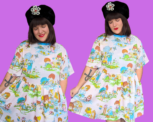 Handmade, Upcycled 1960's Retro Print of Children Bedsheet T-Shirt Dress Fits S-M-L-XL