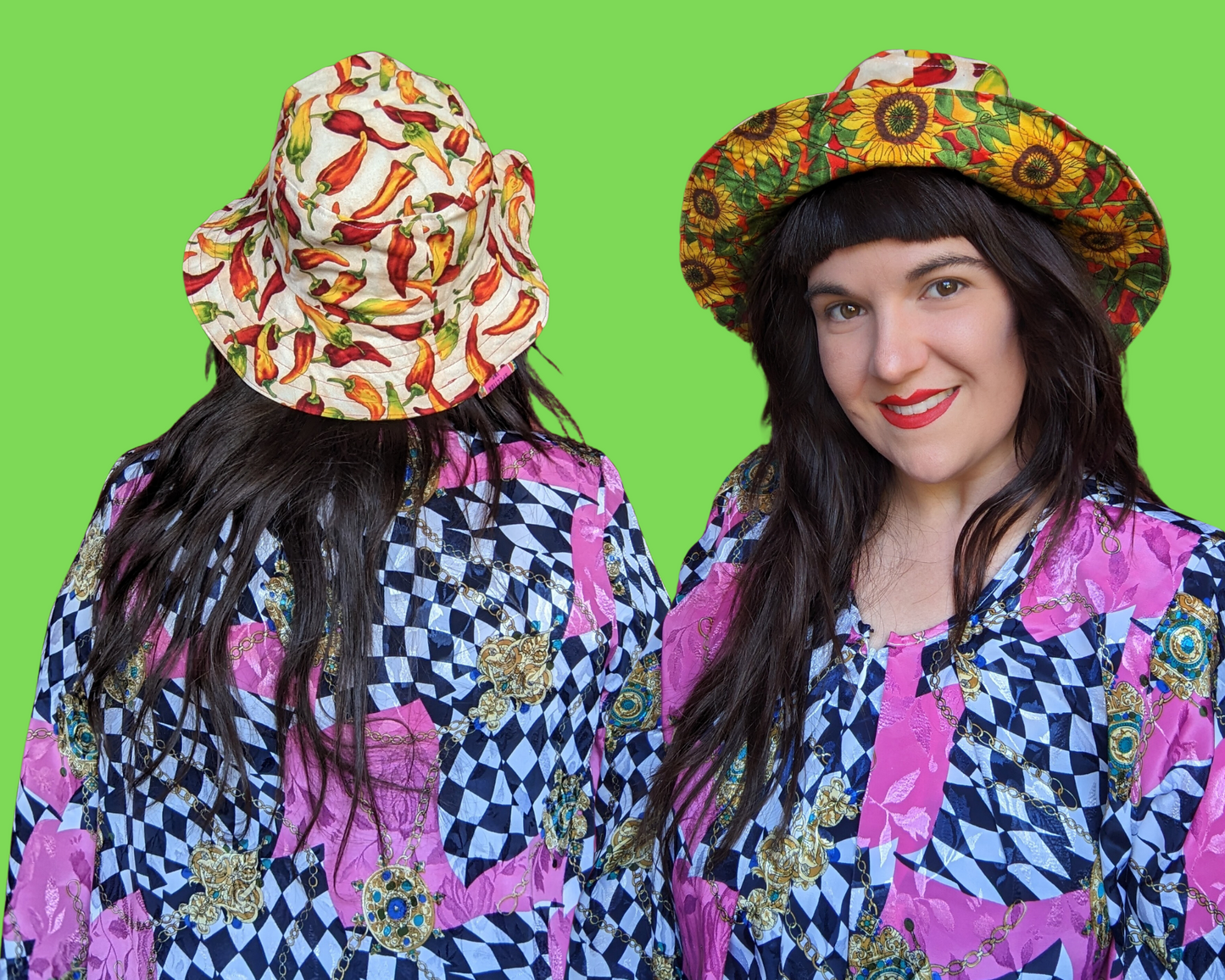 Chilli Peppers and Sunflowers Reversible Bucket Hats For Adults Made from Vintage, Upcycled Chilli Peppers and Sunflowers Placemat