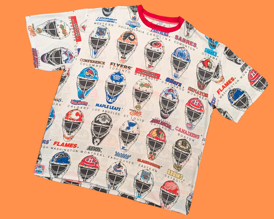 Handmade, Upcycled Vintage 1990's NHL Hockey Teams Goalie Masks Bedsheet T-Shirt Size Oversized XL