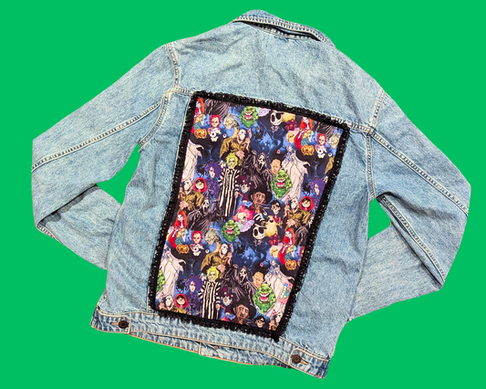 Handmade, Upcycled Ghostbusters, Beetlejuice, Jason and Freddy, Scream, Edward Scissorhands, Chucky, Nightmare Before Christmas Denim Jacket Size S
