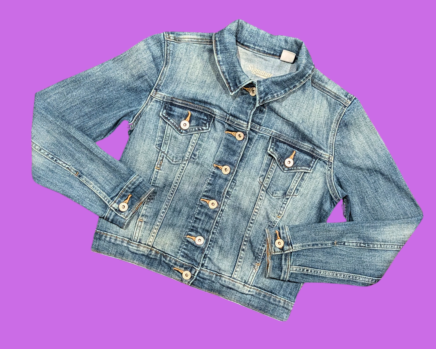 Handmade, Upcycled Denim Jacket with a Care Bear Pink Sweater Size S for Women