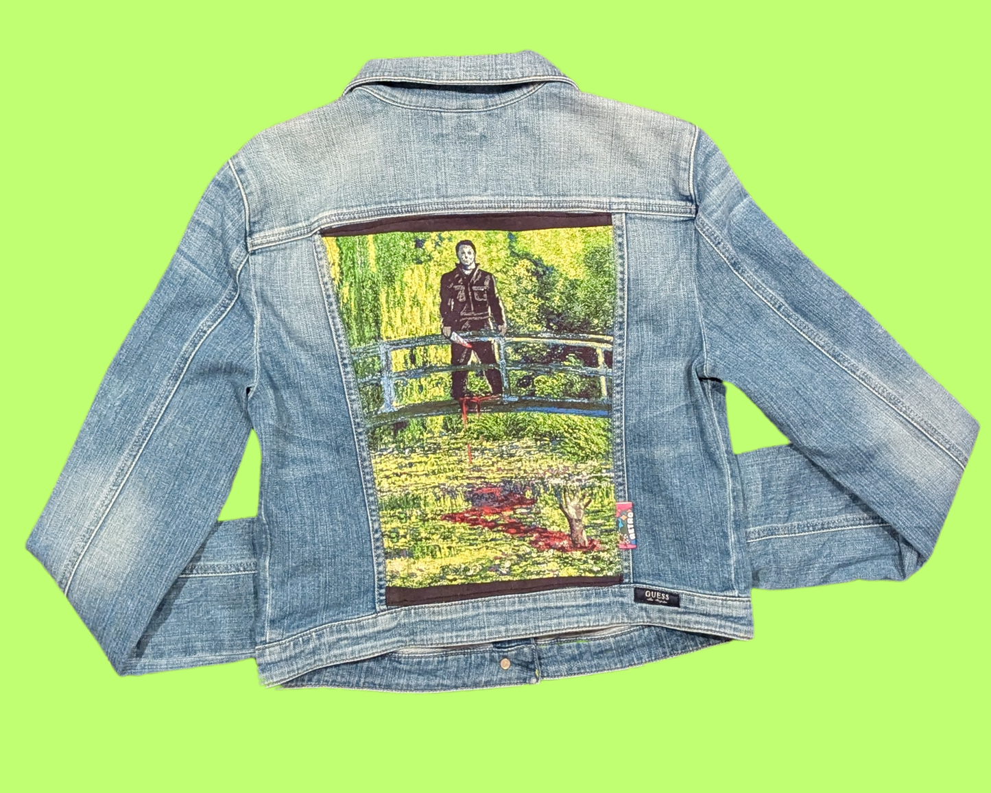 Handmade, Upcycled Denim Jacket with a Halloween, Michael Myers Meets Monet T-Shirt Size L for Women