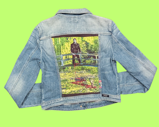 Handmade, Upcycled Denim Jacket with a Halloween, Michael Myers Meets Monet T-Shirt Size L for Women