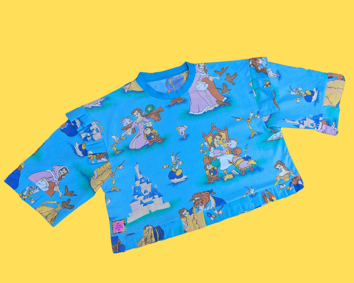 Handmade, Upcycled Vintage 1990's Beauty and the Beast Bedsheet Crop Top Size M-L-XL with Matching Bucket Hat