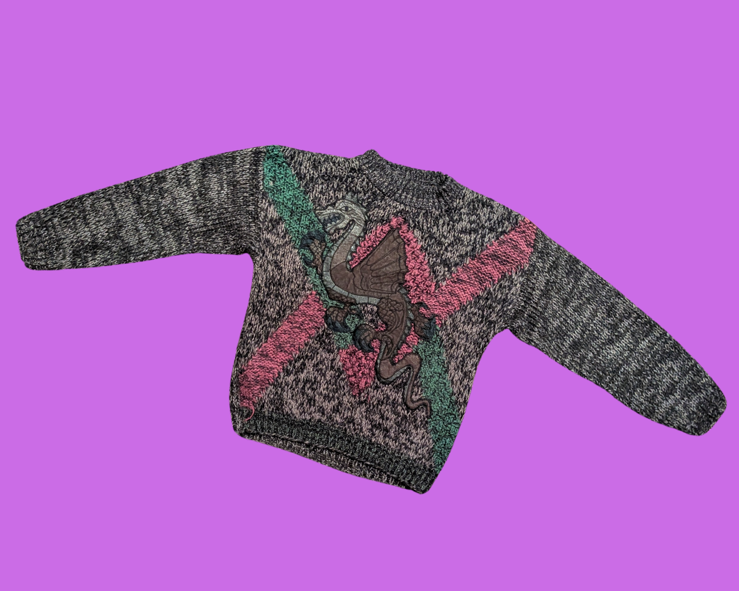 Vintage 1990's Leather Dragon Patch on a Acrylic Knit Sweater Size L