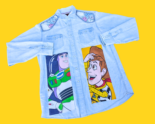 Handmade, Upcycled Denim Snap Buttons Shirt Patched Up with Nostalgic Bedsheets (Toy Story, E.T, The Simpsons and Others) Size L