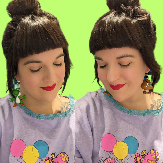 Handmade, Upcycled Super Mario Bros. Yoshi and Goomba Earrings