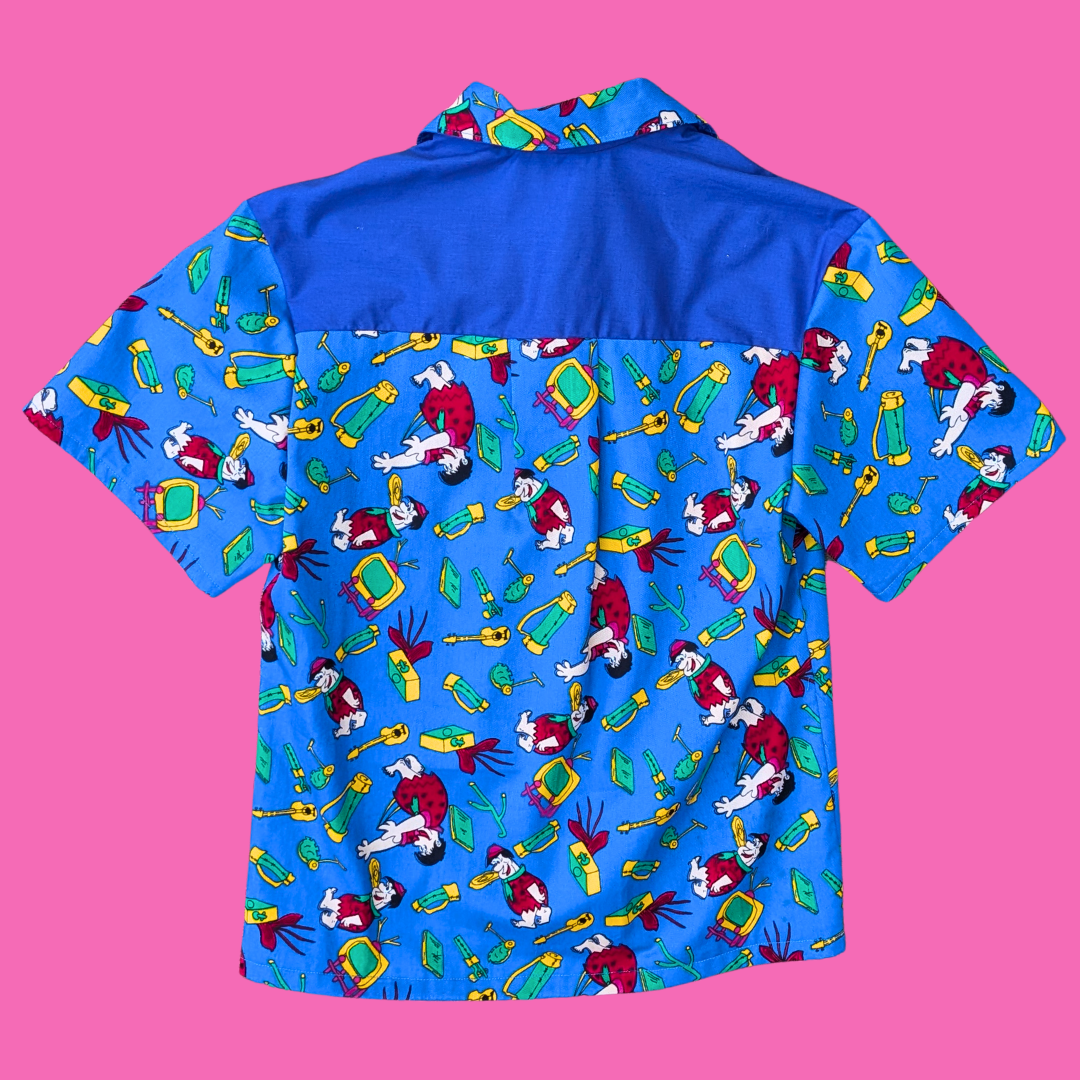 Handmade, Upcycled Fred Flintstone Bedsheet Button Down Shirt Size XS