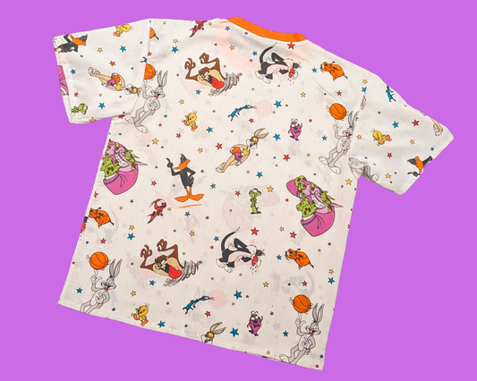 Handmade, Upcycled Vintage 1990's Space Jam Bedsheet T-Shirt Size M