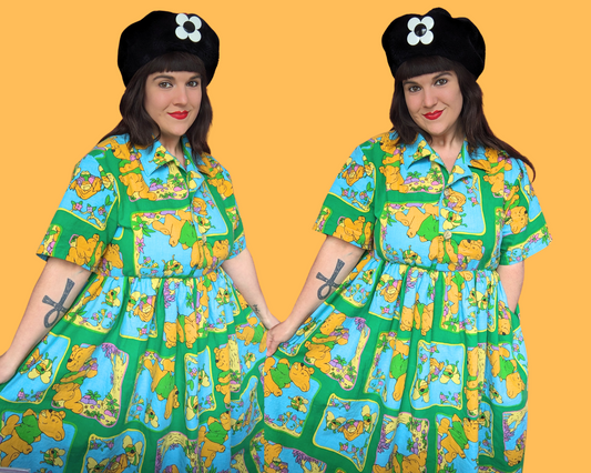 Handmade, Upcycled Stoned Winnie The Pooh Bedsheet Button Down Shirt Dress Size L-XL