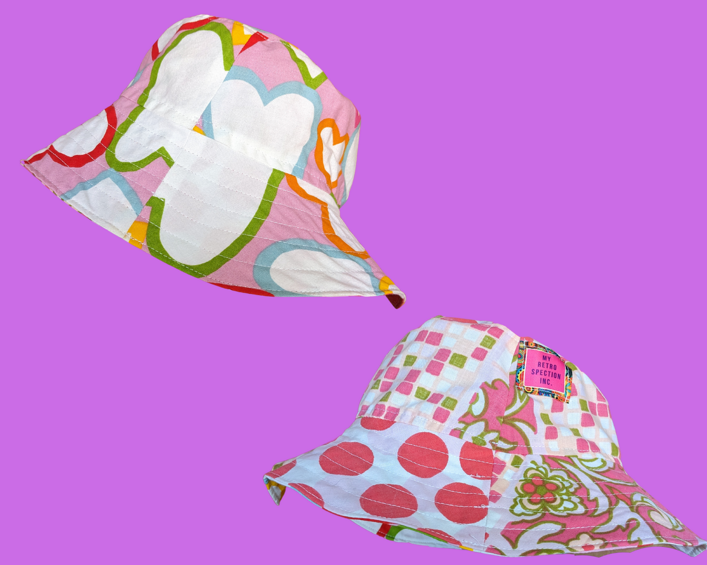 Rainbow Hearts Reversible Bucket Hats For Adults Made from Vintage, Upcycled Rainbow Hearts Bedsheet