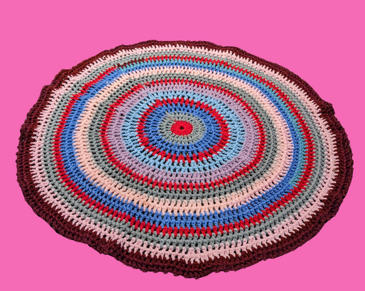 Vintage 1980's Rainbow, Synthetic Wool, Small Crochet Rug
