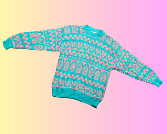 Vintage 1980's Blue and Pink Sparkling Wool Knit Sweater Size L