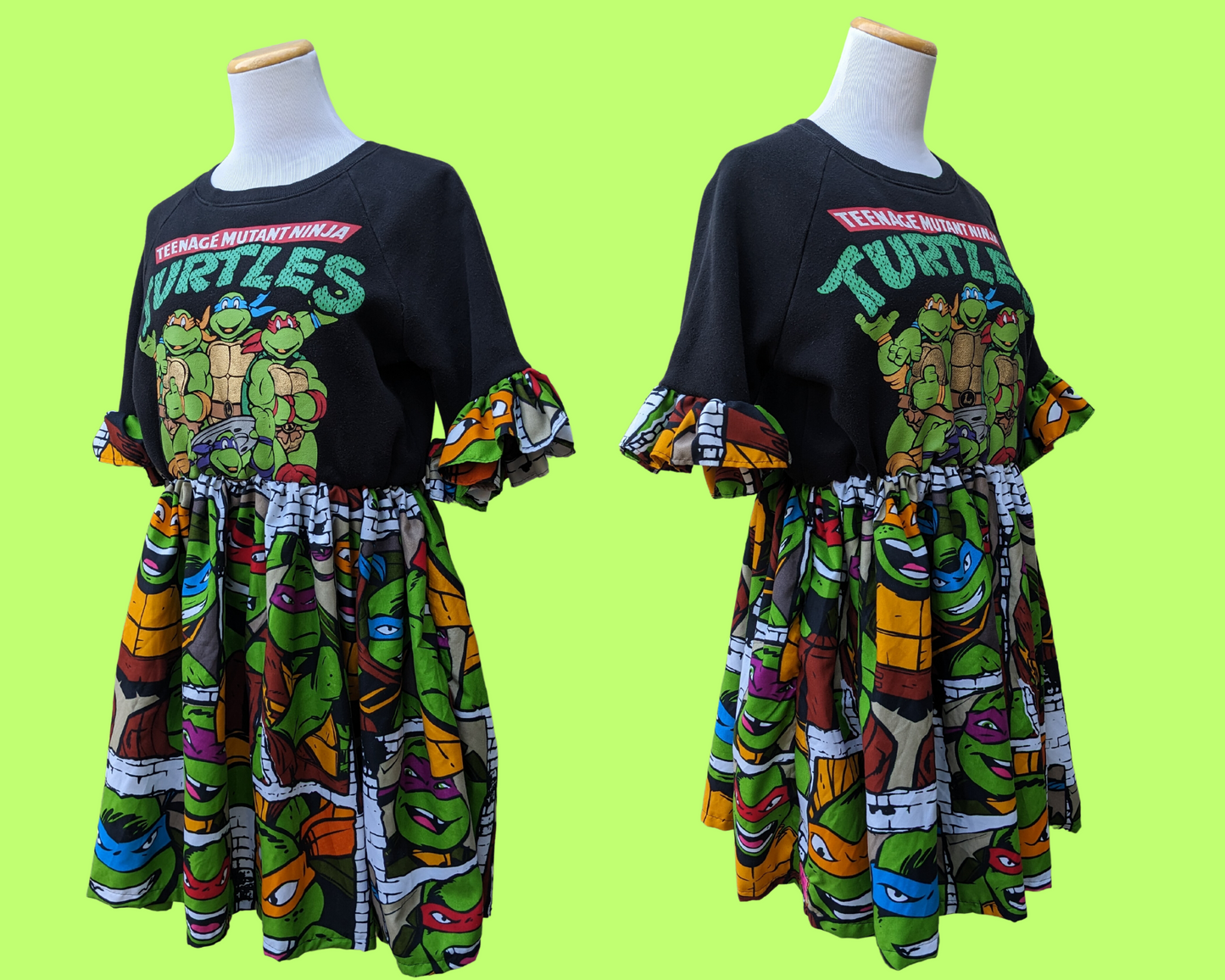 Handmade, Upcycled Teenage Mutant Ninja Turtles Sweater Dress with TMNT Bedsheet Size M