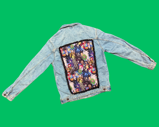 Handmade, Upcycled Ghostbusters, Beetlejuice, Jason and Freddy, Scream, Edward Scissorhands, Chucky, Nightmare Before Christmas Denim Jacket Size S