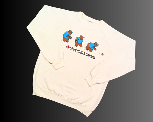 Vintage 1990's Lawn Bowls Canada, Bears Playing Bowling, White Crewneck Size M