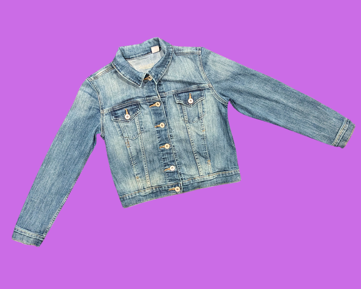 Handmade, Upcycled Denim Jacket with a Care Bear Pink Sweater Size S for Women