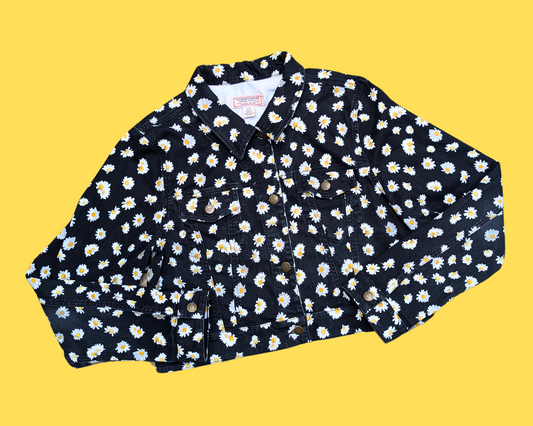 Handmade, Upcycled Star Wars Storm Trooper Meets Van Gogh Black Denim with Daisies Jacket Size L