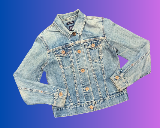 Veste en jean CharleboisScope, fabriquée à la main et recyclée, taille XS