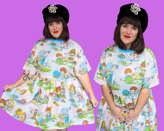 Handmade, Upcycled 1960's Retro Print of Children Bedsheet T-Shirt Dress Fits S-M-L-XL