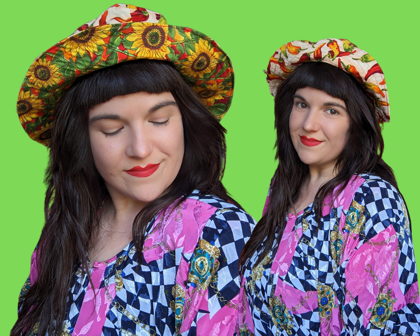 Chilli Peppers and Sunflowers Reversible Bucket Hats For Adults Made from Vintage, Upcycled Chilli Peppers and Sunflowers Placemat