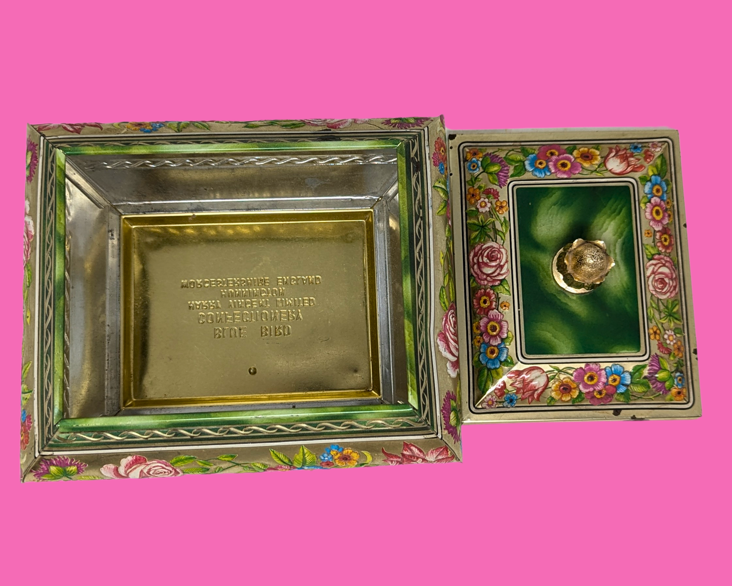 Boîte métallique florale verte vintage des années 1980